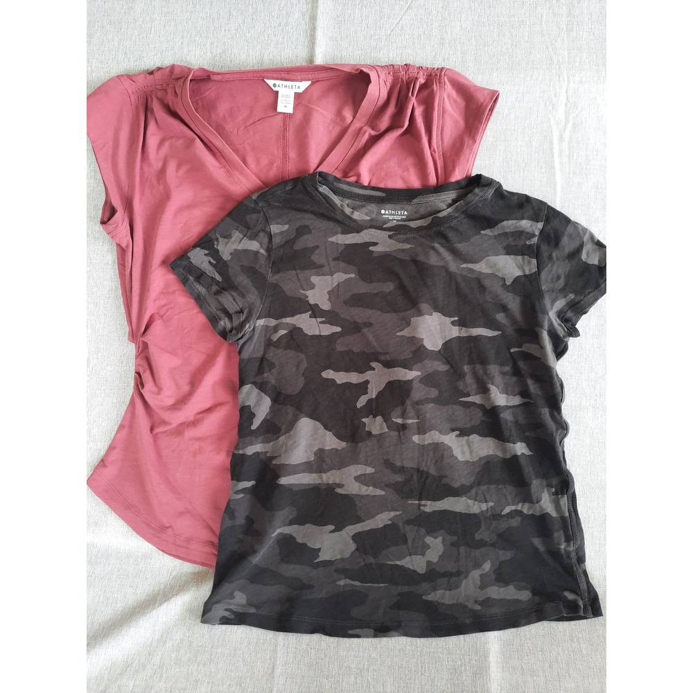 Athleta Women 2 of Medium Paisley Line Camouflage Spandex Top Blouse ShortSleeve
